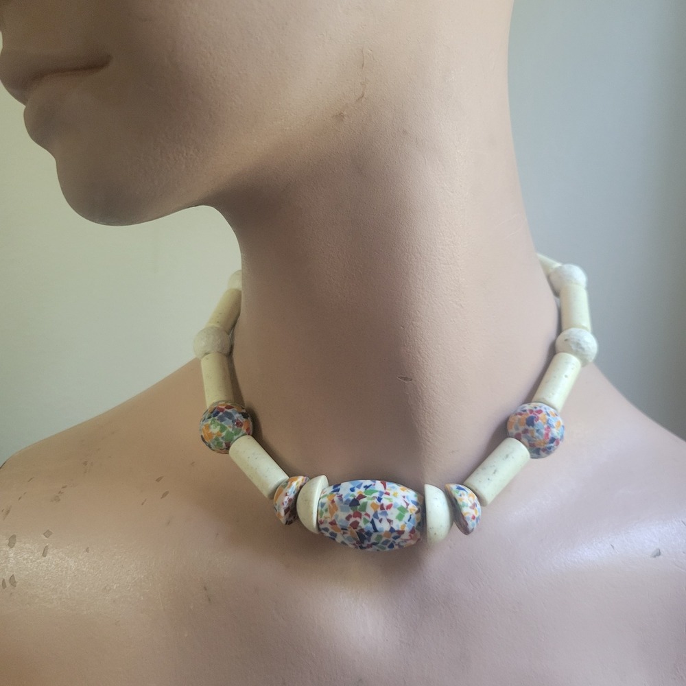 Vintage 90s Multi Color Confetti Terrazzo Resin Bead Choker Necklace 16" 90s